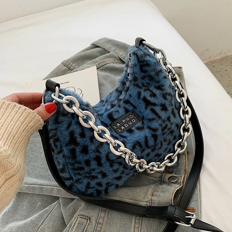 

Plush Faux Fur Small Crossbody Bags for Women 2021 hit Winter Travel Simple Chain Leopard Underarm Shoulder Purses and Handbags