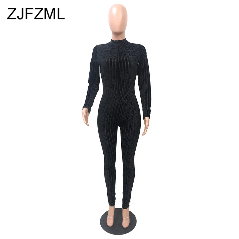 

V Neck Front Zipper Up Plush Autumn Rompers Womens Jumpsuit Hollow Stripe Spliced Long Sleeve Playsuit Plus Size Bandage Overall