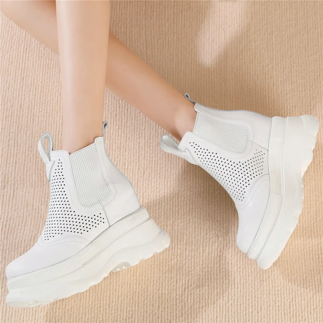 Breathable Fashion Sneakers Women Slip On Genuine Leather High Heel Ankle Boots Female Chunky Platform Pumps Shoes Casual Shoes