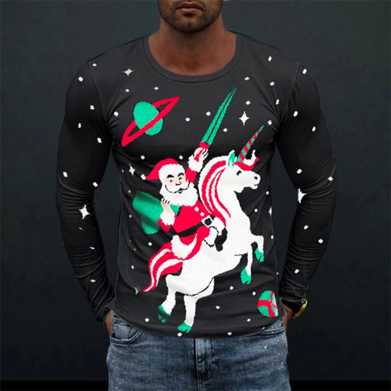 

Christmas Printing Loose O-Neck Pullover Tops 2021 Autumn Long Sleeve Casual T-shirts Men Mens Fashion Tee Harajuku Streetwear