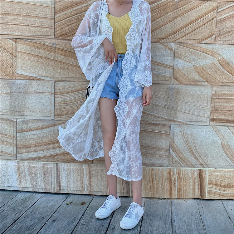 Женский пляжный кардиган с длинным рукавом Зеленые Изумрудные кружевные кимоно