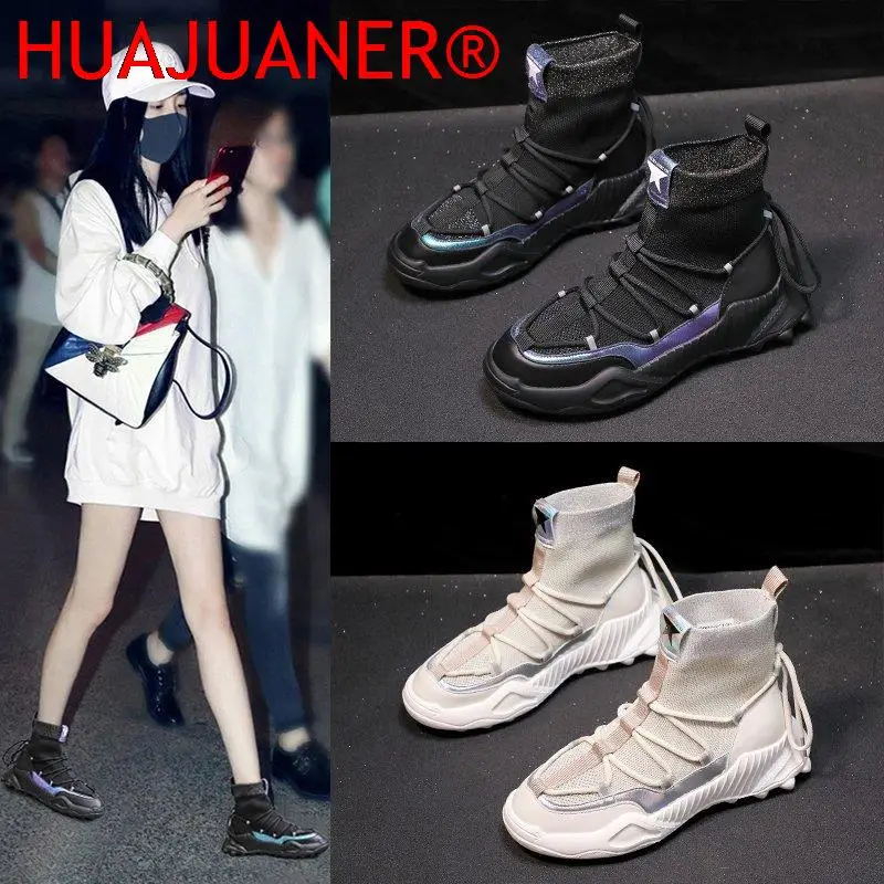 

Женские привлекательные ботинки-носки на высоком каблуке, сезон осень-зима, модные вязаные эластичные ботинки, женские черные ботильоны-но...