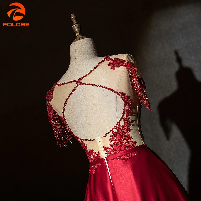 

Burgundy A Line Prom Dresses 2020 New Lace Appliques Beading Short Sleeve Custom Made Women Formal Evening Party Gowns