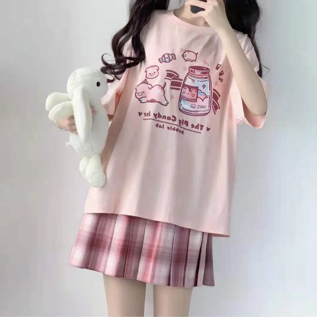 

Cool Pink Print T-Shirt Girl Polyester Japan Cartoon Teens Tops Summer Cute Tees Causal Harajuku Oversize Punk Kawaii T Shirts