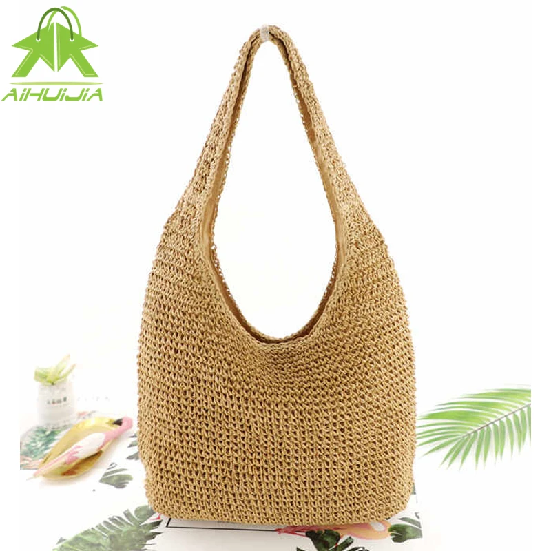 

Summer Straw Beach Bag Vintage Handmade Woven Shoulder Bag New Solid Color Rattan Bag Bohemian Summer Vacation Casual Travel Bag