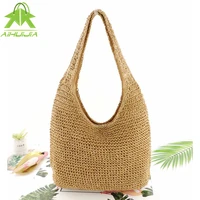 summer straw beach bag vintage handmade woven shoulder bag new solid color rattan bag bohemian summer vacation casual travel bag