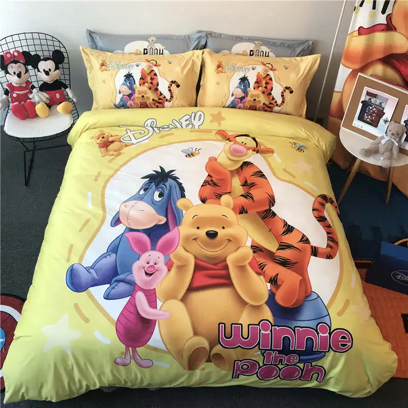 

Yellow Winnie the Pooh Quilt Duvet Cover Set Twin Size Bedding for Kids Bedroom Decor Single Bed Linen Comforter Children Disney
