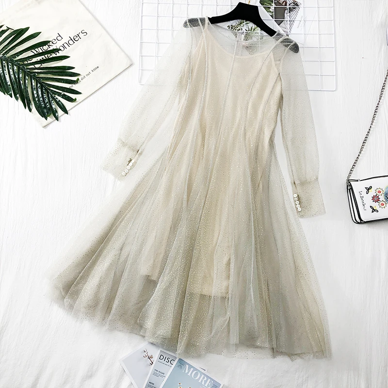 

2019 Spring Sweet Style Super Fairy Sequin Gauze Swing Fairy Dress + Inner Suspender Vest Skirt Fashion