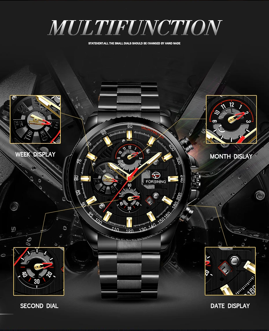 Прямая поставка Модные Forsining три циферблата календарь дисплей Черный