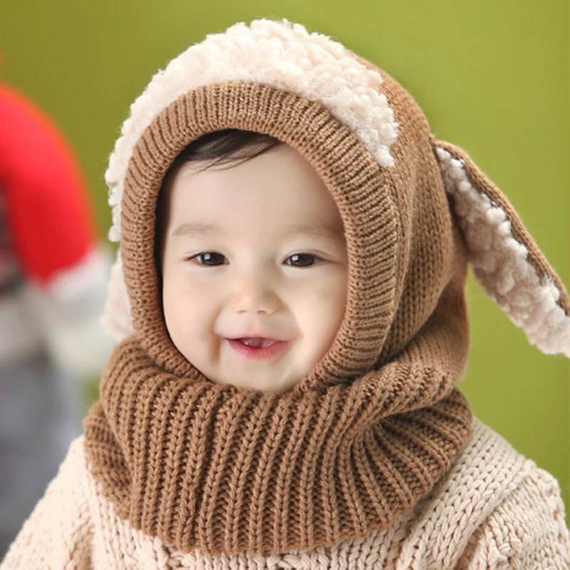 

2020 Baby Knitted Pompon Hat New Winter Knit Kids Scarf Solid Thick Warm Ear Caps Children's Woollen Hat One-piece Baby Cap