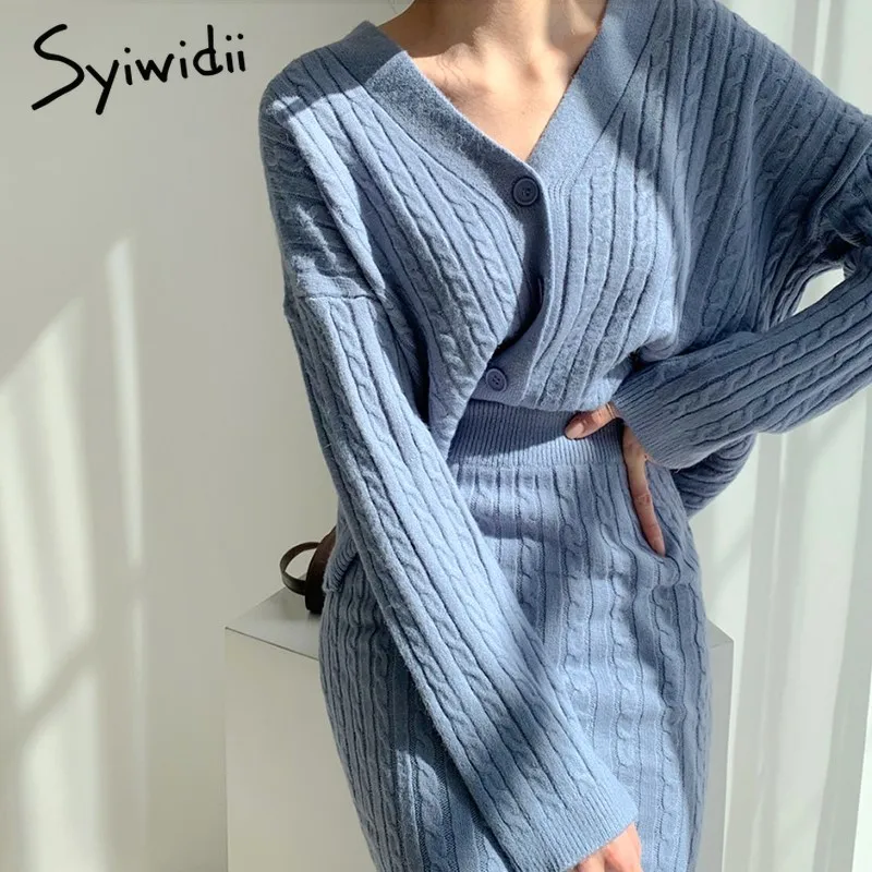Syiwidii Knit 2 Piece Set Sweater Cardigans Midi Skirts Woman Fall Winter 2021 Elastic Band High Waist Long Skirt Office Outfits |