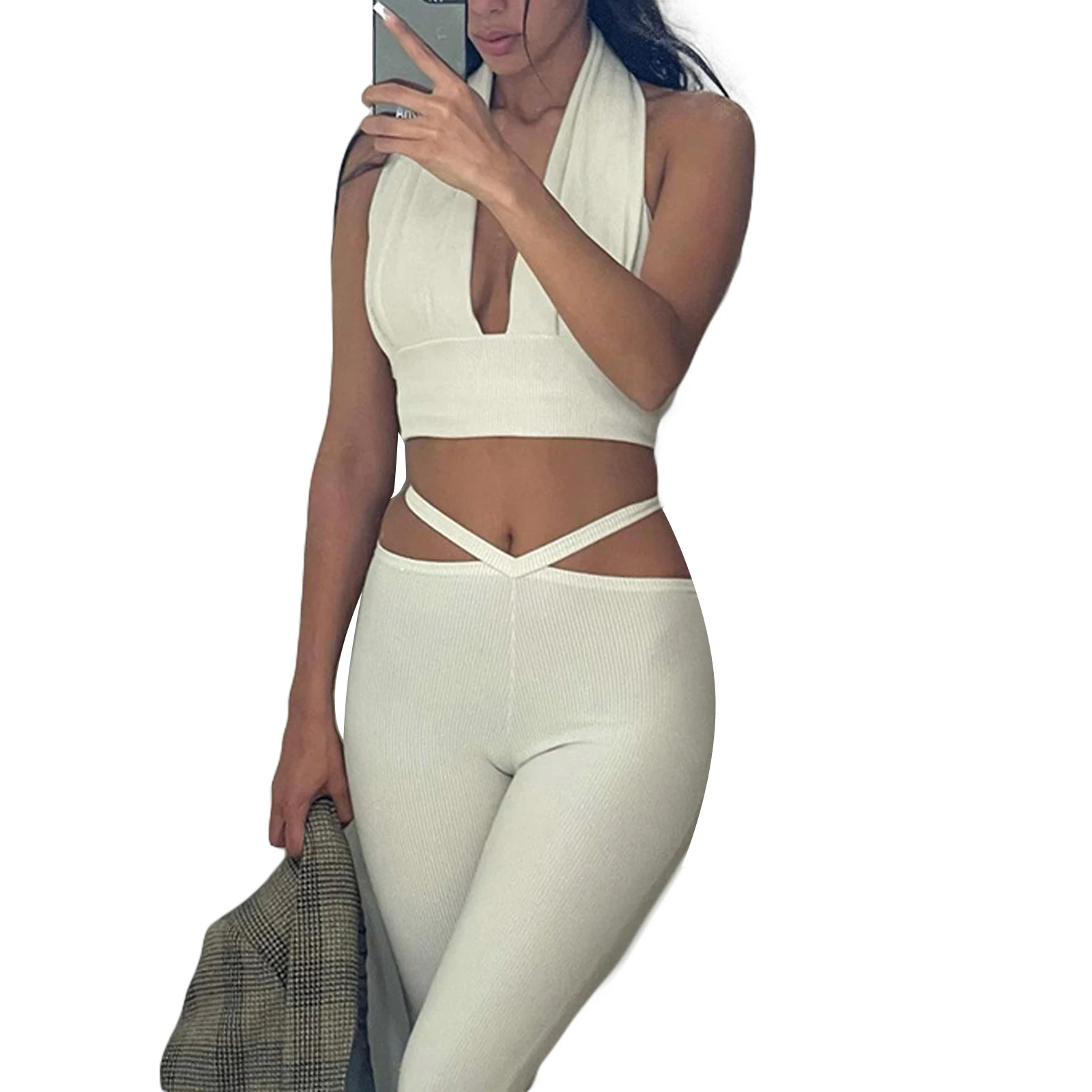 

Women Pant Sets Two-piece White Ribbed Suits Summer Chic Deep Halter Neck Backless Crop Tops+Cut-Out Tight Pants