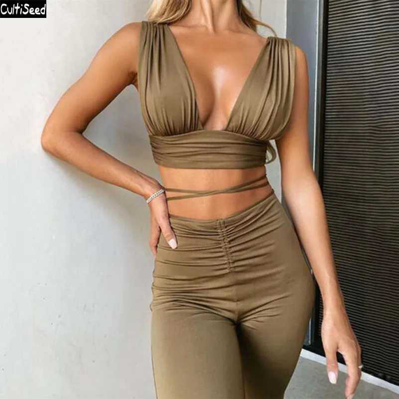 

Cultiseed European Women Sexy Deep V Neck Strapless Backless Lacing Up Bow Vest+Flare Pant 2pc Sets Clothes Ladies Holiday Suits