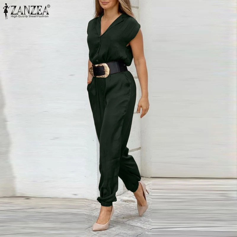 2022 Summer Solid OL Rompers Women Fashion Long Jumpsuits ZANZEA Lapel Short Sleeve Overalls Casual Loose Maxi Playsuit Oversize |