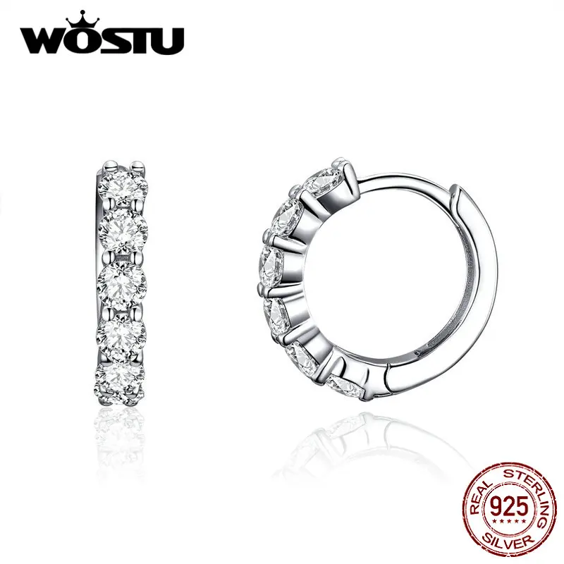 Женские серьги кольца WOSTU круглые из стерлингового серебра 925 пробы с прозрачным