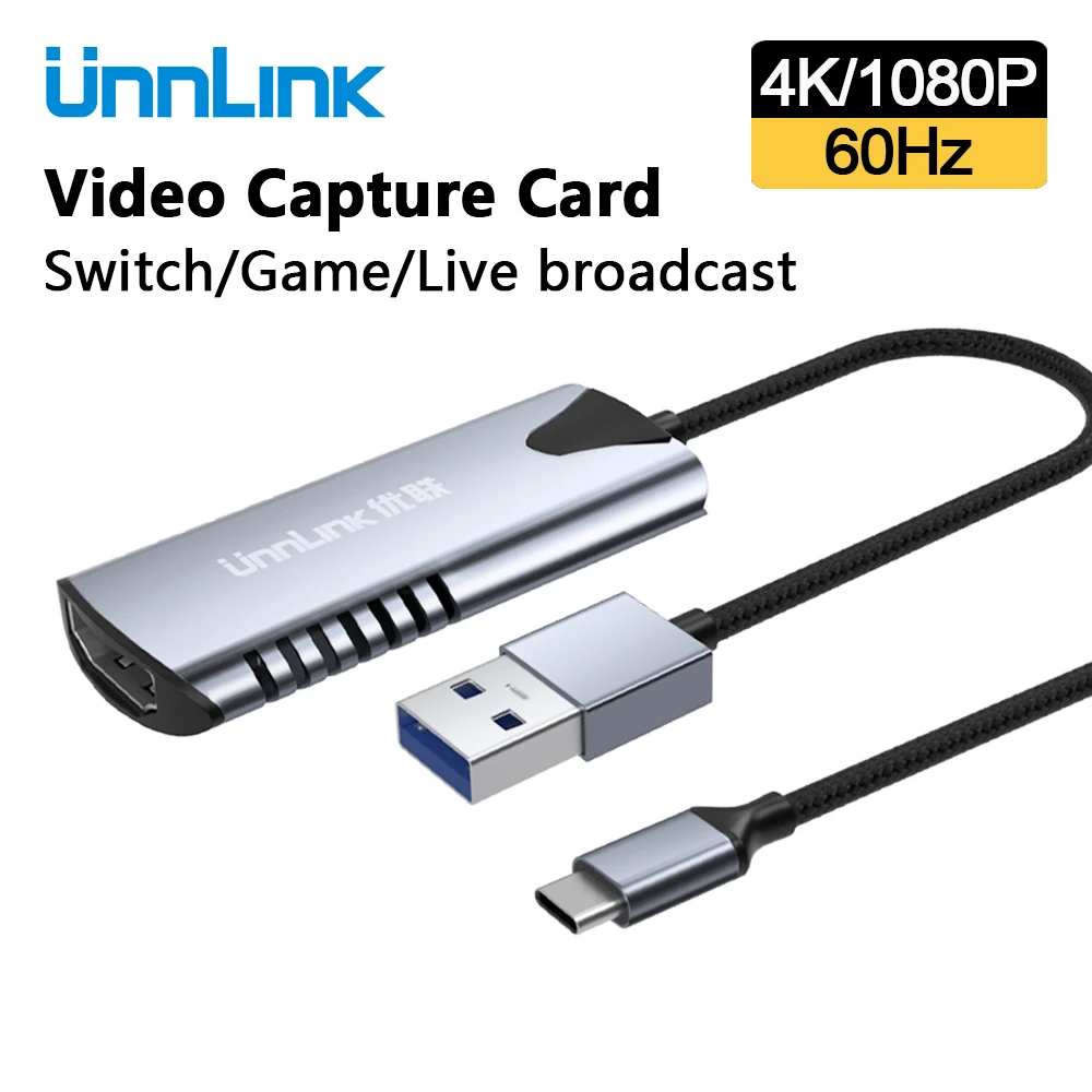 

Карта видеозахвата Unnlink 4K60Hz, USB 2.0 Type C для HDMI2.0, видеозапись для PS4 игр, прямая трансляция, запись камеры