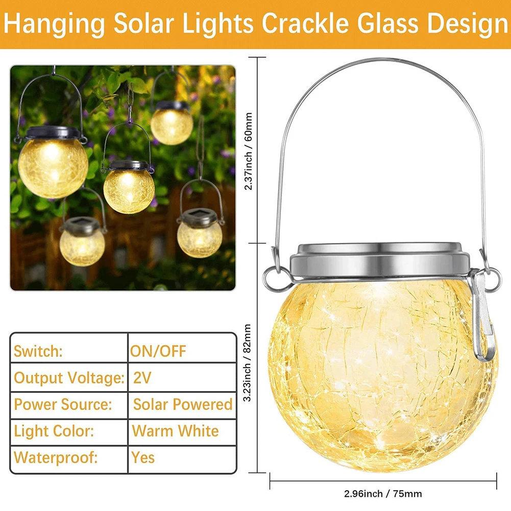 

4pcs LED Solar Lamp Cracked Glass Ball Hanging Light Waterproof Fairy Lantern Garden Outdoor Yard Art Festival Decoration