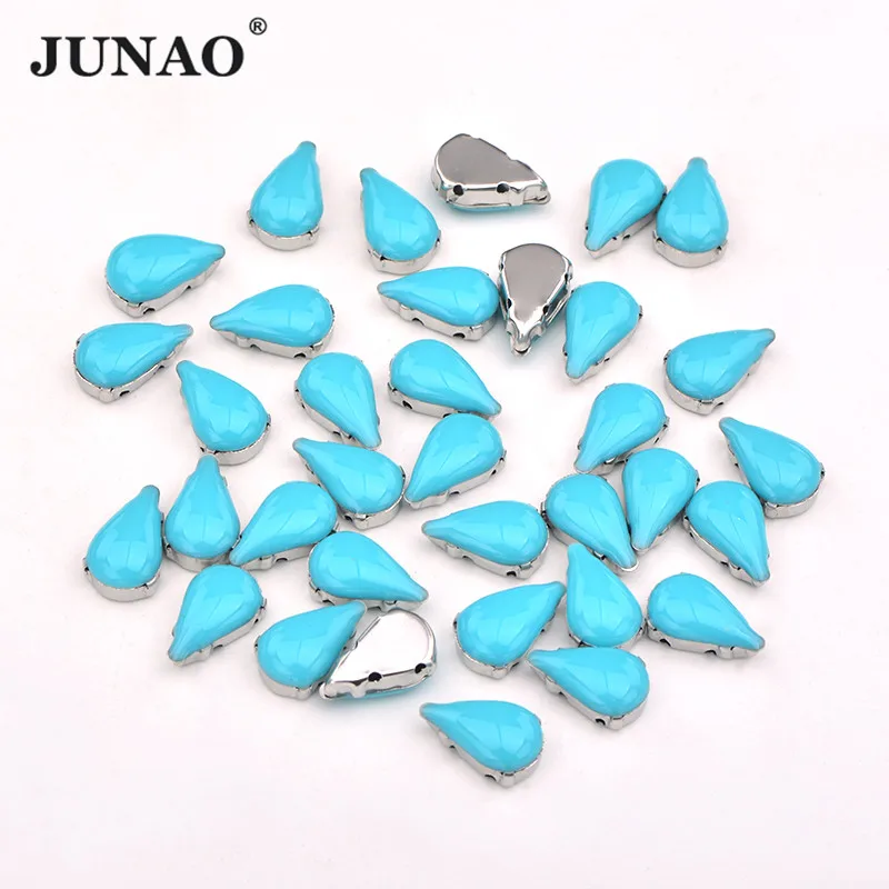 

JUNAO 8*13mm Aqua Blue Sew On Teardrop Claw Rhinestone With Setting Sewing Crystal Strass Stones for Needlework Clothes