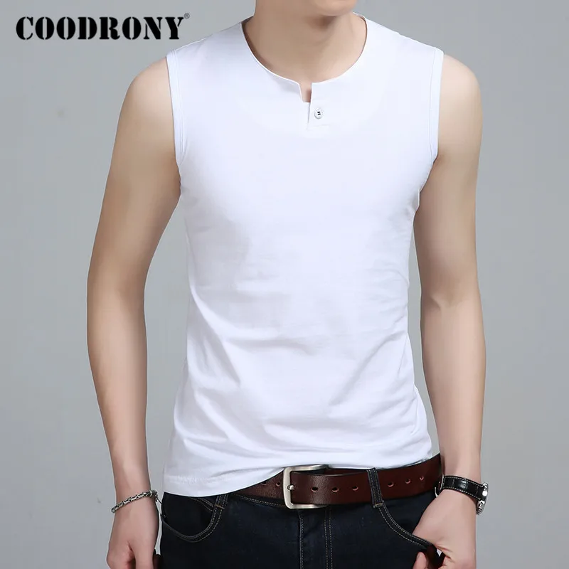 COODRONY летняя майка мужская рубашка без рукавов с воротником на пуговицах