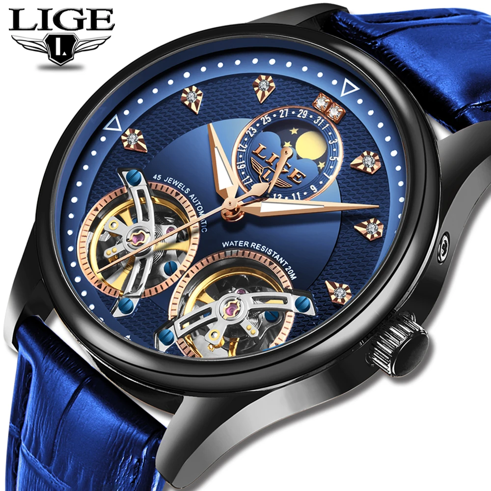 Новый бренд LIGE мужские часы автоматические механические Tourbillon кожаные