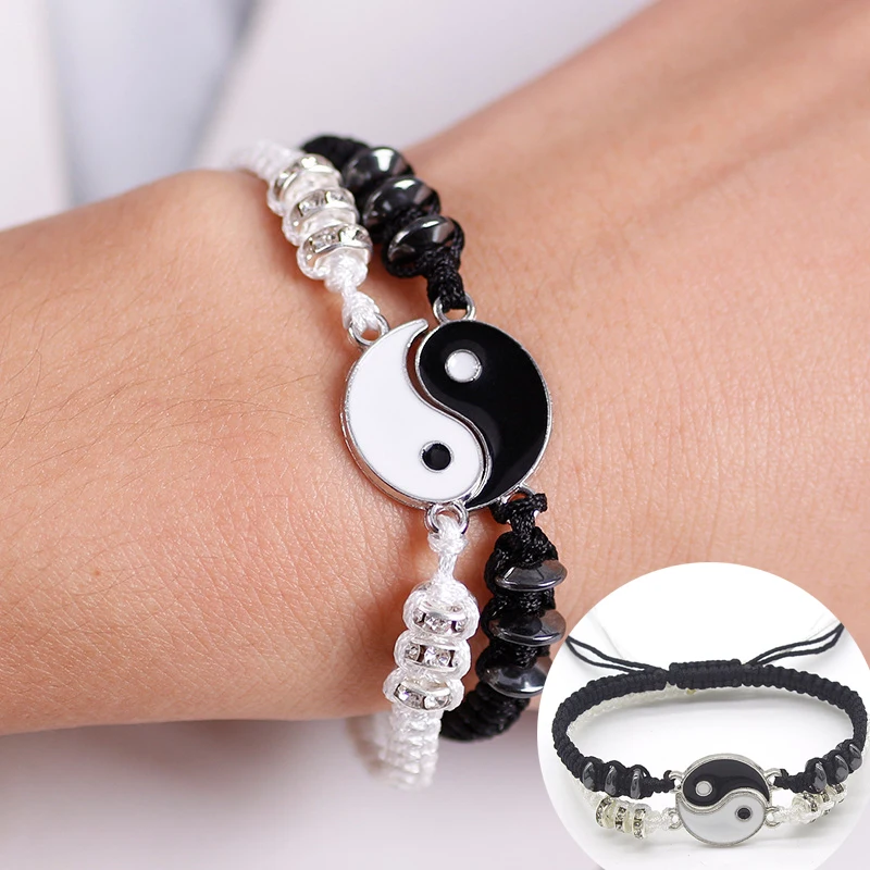Tai Chi Yin Yang Couple Bracelets Necklaces Set Alloy Pendant Adjustable Braid Chain Bracelet Matching Lover | Украшения и