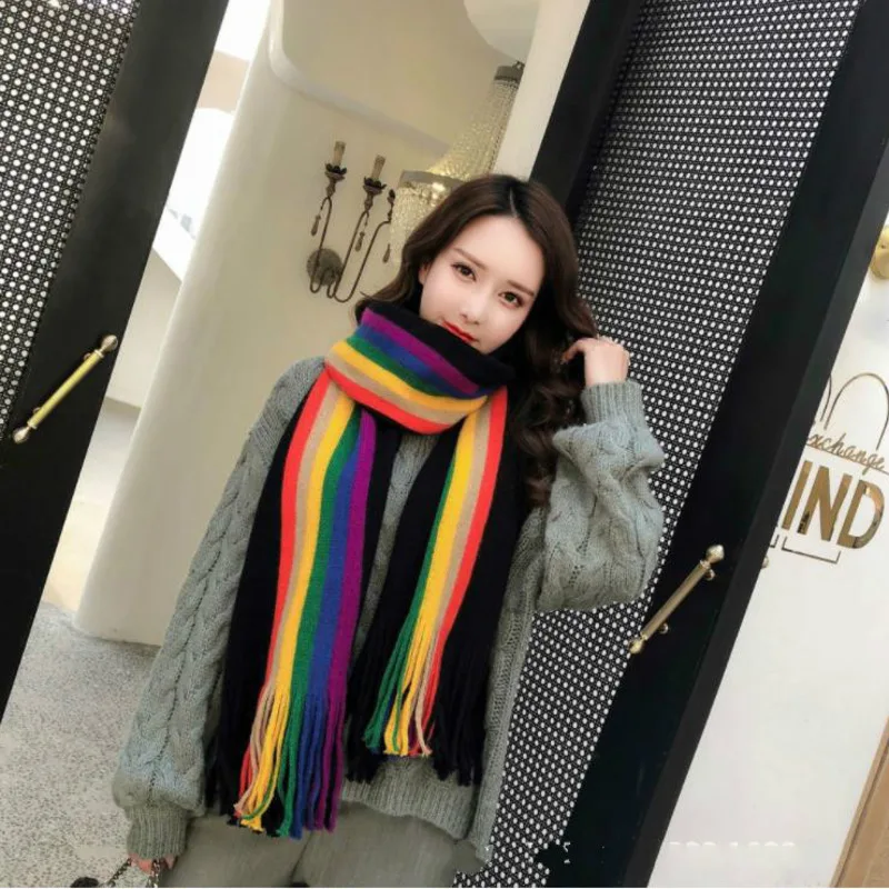 Широкий Радужный шарф женский зимний теплый вязаный кашемировый в полоску