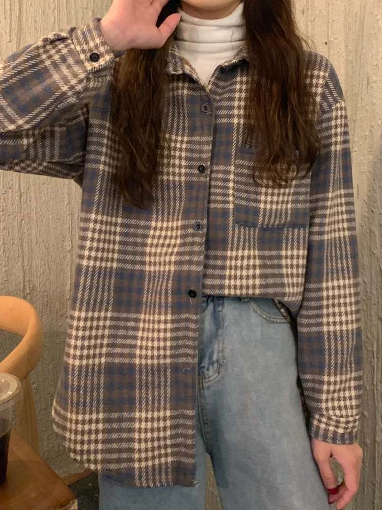 Женская рубашка на весну и осень новинка 2021 плюшевая утепленная клетчатая с