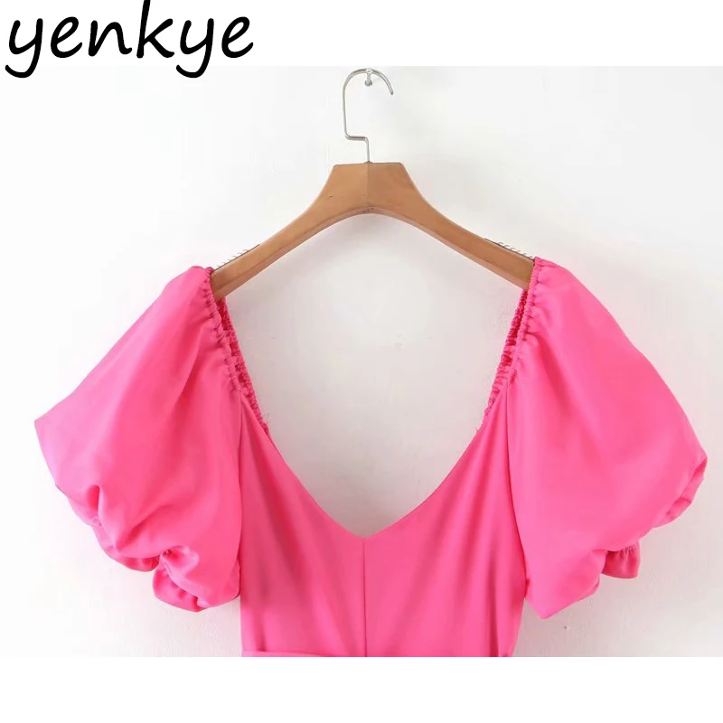 

Romantic Women Lantern Sleeve V Neck Sashes A-line Elegant Summer Long Maxi Party Dress robe longue YF7474