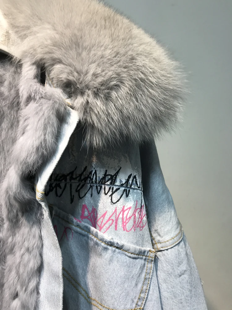 Зимняя модная одежда с рисунком граффити Теплые натуральным лисьим мехом пальто