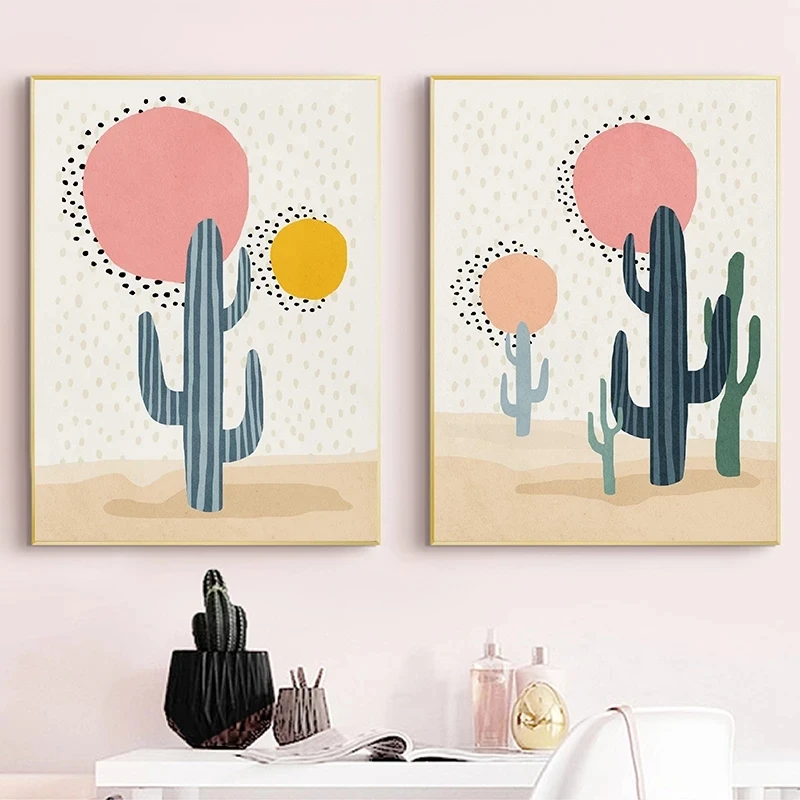 

Abstract Wall Art Cartoon Cactus Paintings Golden Sun Nordic Canvas Posters and Prints Living Room Bedroom Corridor Decoration