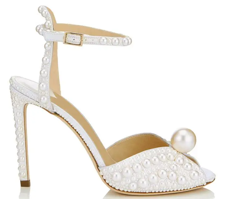 

White Satin Sandals With All Over Pearls Sacora 100mm Pearl Embellished Pumps Ankle Strap Peep-toe Sandal Wedding Shoes