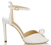 white satin sandals with all over pearls sacora 100mm pearl embellished pumps ankle strap peep toe sandal wedding shoes