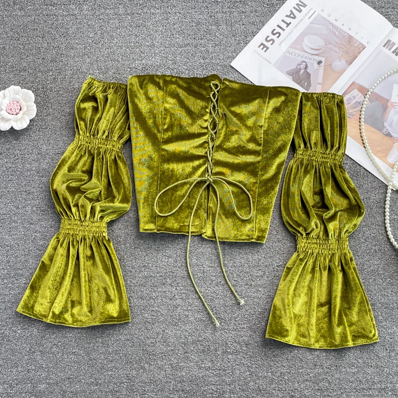 

Sexy Slash Neck Off Shoulder Short Velvet Shirt Girl Autumn New Korean Ins Fashion Casual Short Trumpet Sleeve Top Women 2021