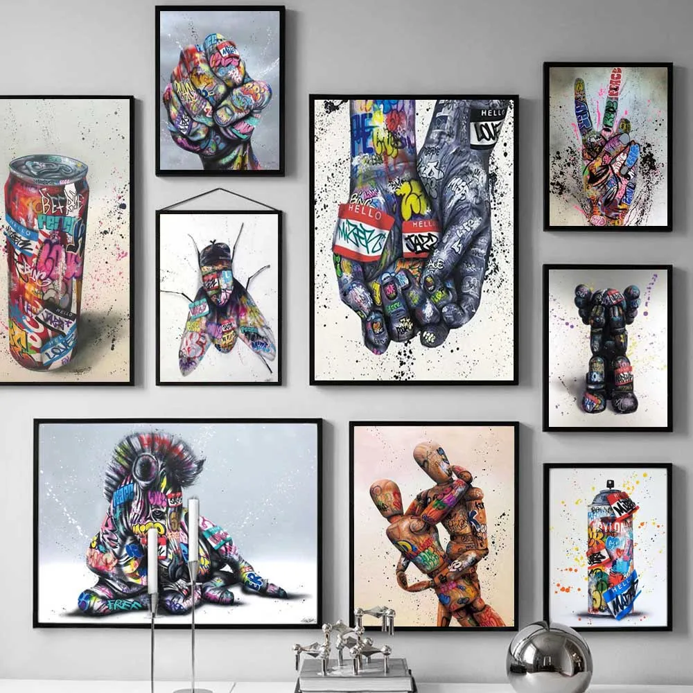 

Graffiti art color poster victory gesture text abstract art canvas painting living room bar corridor home decoration mural
