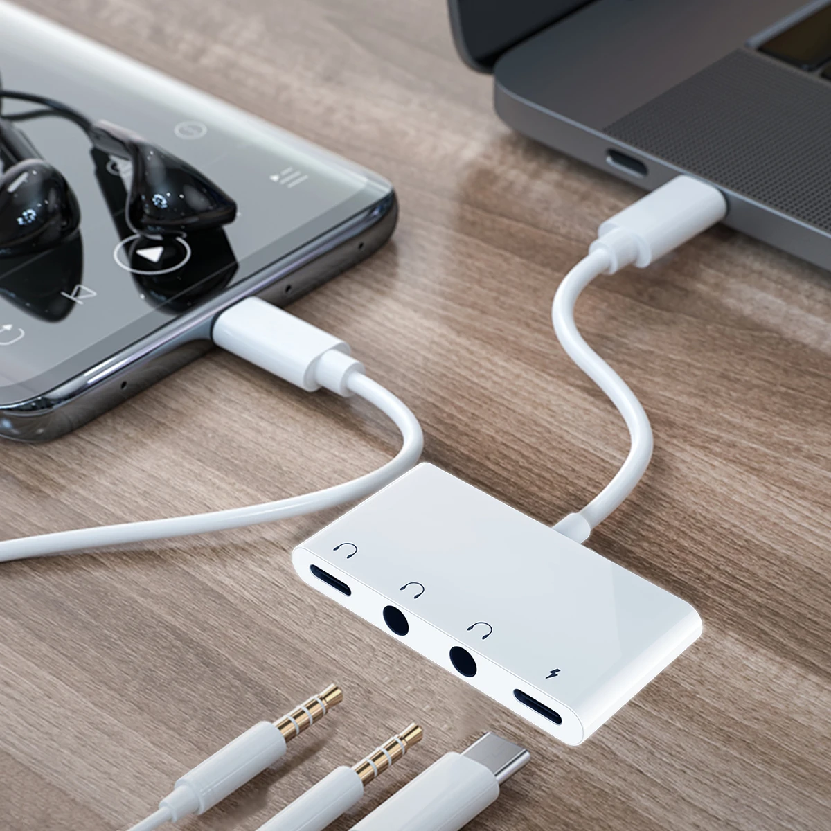 

Type-C to Dual 3.5mm Headphone Aux Jack USB-C Audio Adapter With USB C Charge Port for Most USB Type C Phone/Makbook/Speaker