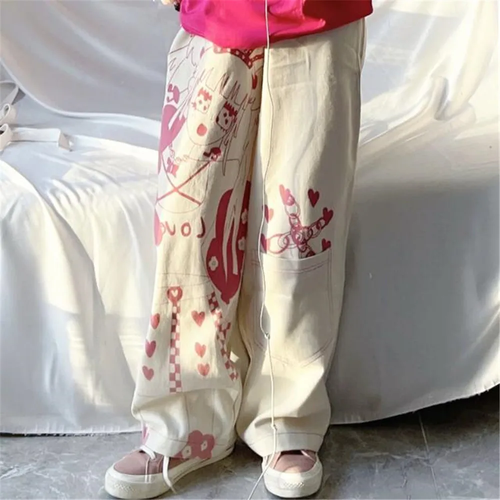 

Cute Japan Cartoon Ins Pants Fashion Girl Harajuku Amine Pants Harajuku Casual Funny Straight Summer Kawaii High Street Pants