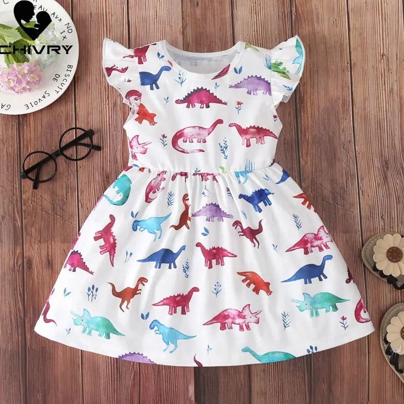 

New 2020 Summer Dresses Baby Girls Dinosaur Print Short Sleeve O-neck A-line Sundress Summer Princess Dresses for Little Girls