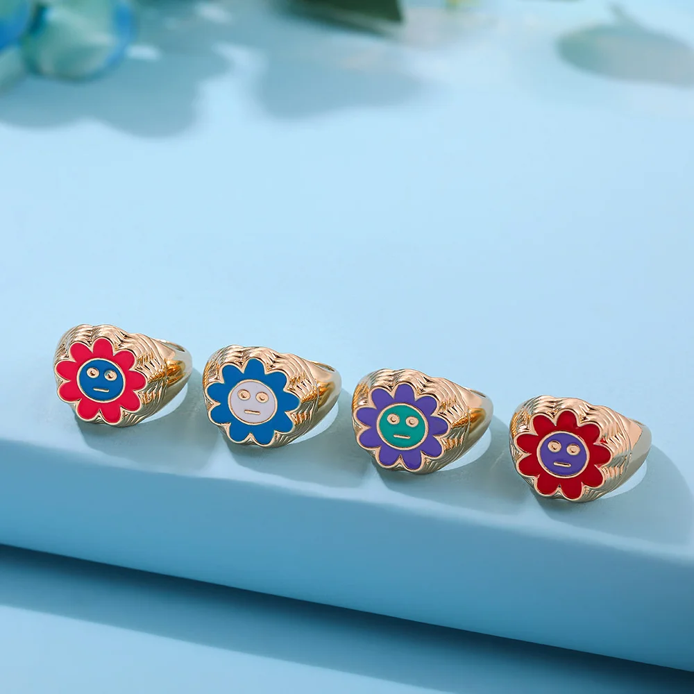 

Korean Cute Enamel Flower Finger Rings for Women Creative Colorful Round Smile Face Geometric Rings Fashion Jewelry Party Gift