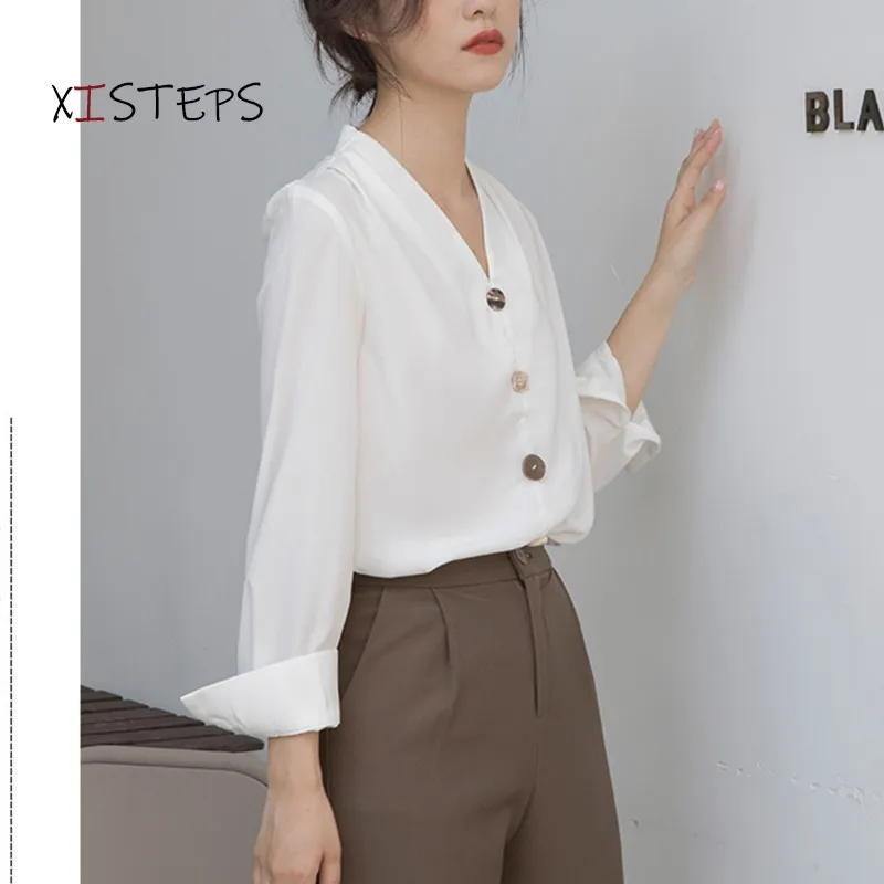 French Style V-neck Chiffon Blouses Women 2021 Professional Chic Shirts White Autumn Spring OL Office Work Wear Designer Tops