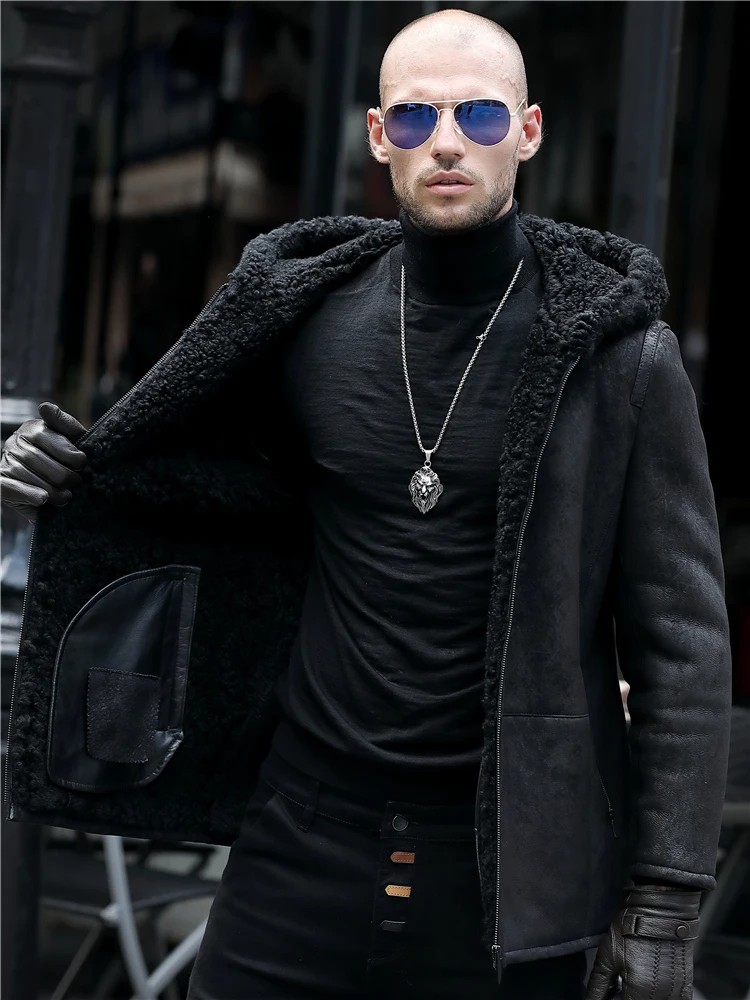 

Genuine Leather Jacket Fur High-end In One Mens Hooded Original Ecological Large Size Winter Merino Lalambswool Coat Men