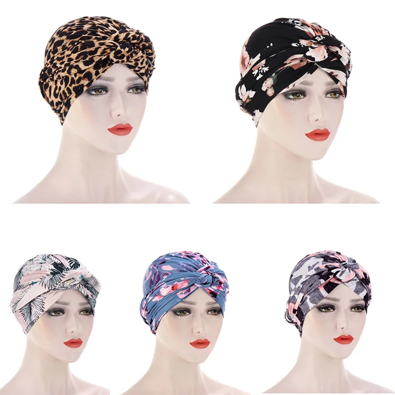 

2020 New Women Tie Turban Hat Flowers Printed Bohemian Style Knot Turban African Twist Headwrap Ladies India Hat Muslim Cap