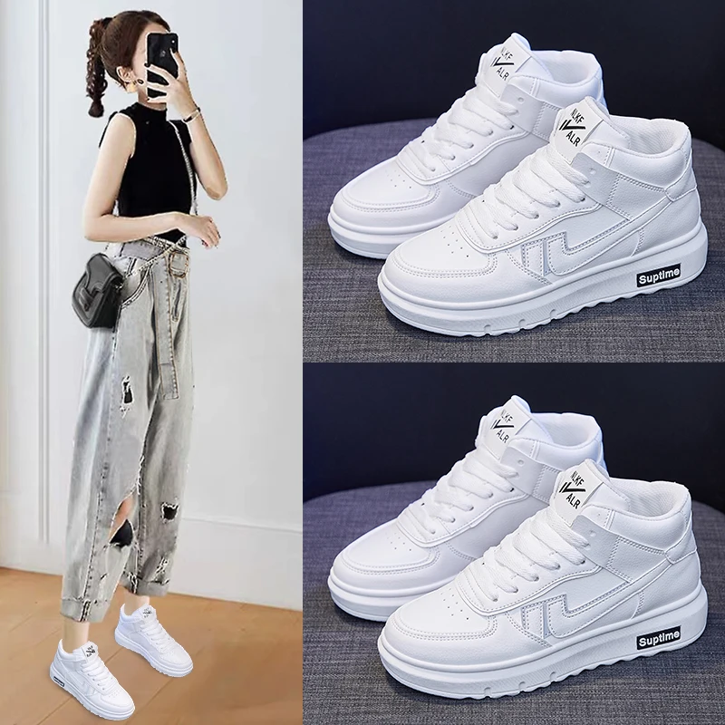 

Ladies Sneakers 2022 High-quality High-top Leather Vulcanized Shoes Fashion Casual Non-slip All-match Board Shoes Flat Shoes