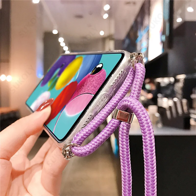 With Neck Strap Rope Cord Clear Glitter Case For Samsung A52 5G A72 A53 A73 5G A52s A71 Samsung S23 S22 Ultra S20 S21 FE Case