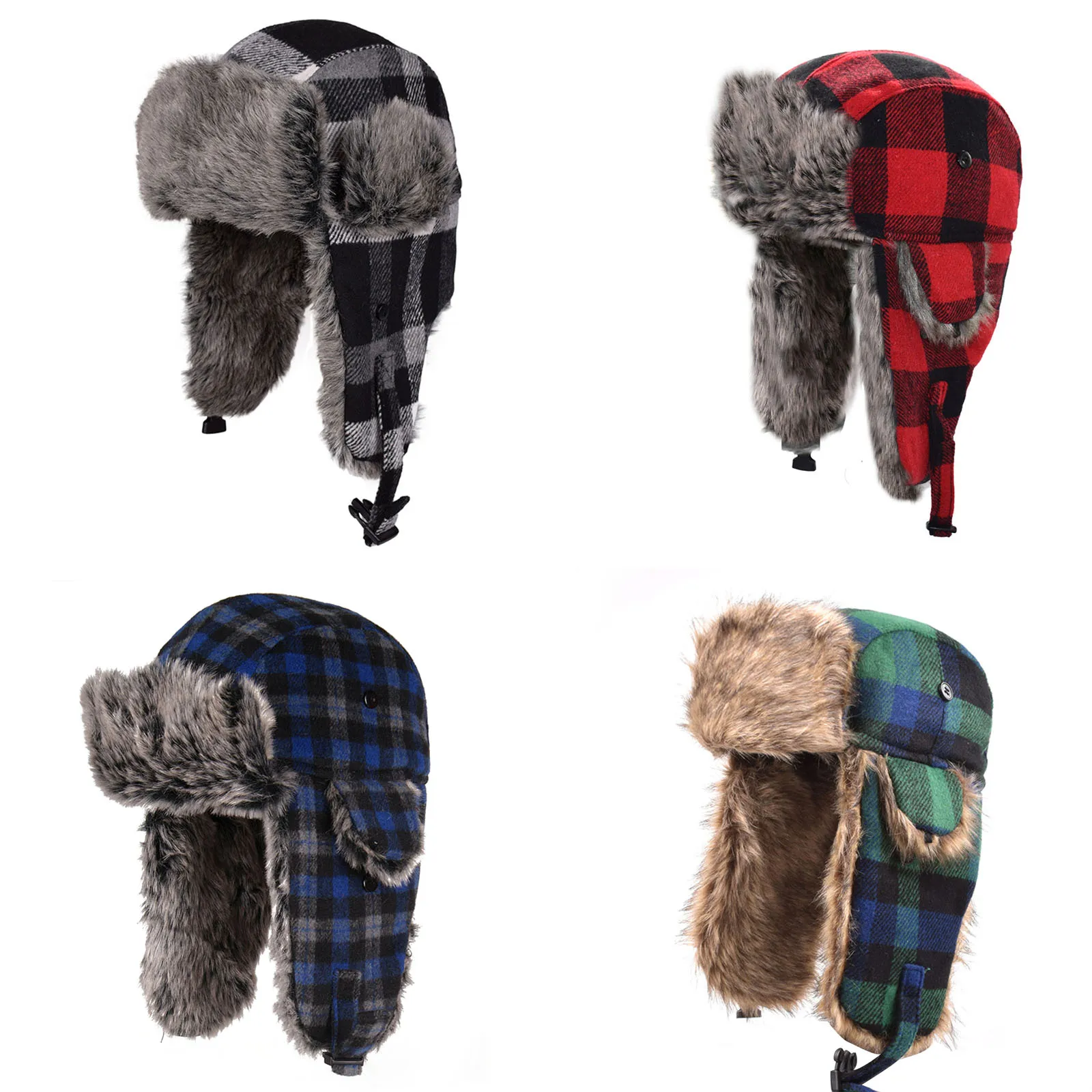 

Woolen Hat Unisex Plaid Thickened Earmuffs Hat Winter Cap Beanie Bomber Hats Cycling Skiing Skating Faux Fur Earflap Snow Caps