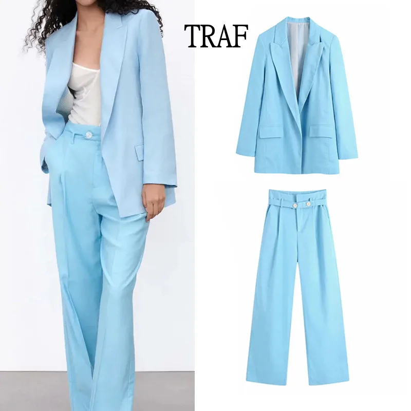 

TRAF Blue Women's Suit 2021 Autumn Women's jacket Long Sleeve Blazer Linen High Waist Women's Pants Loose Wide Leg Pant Suits