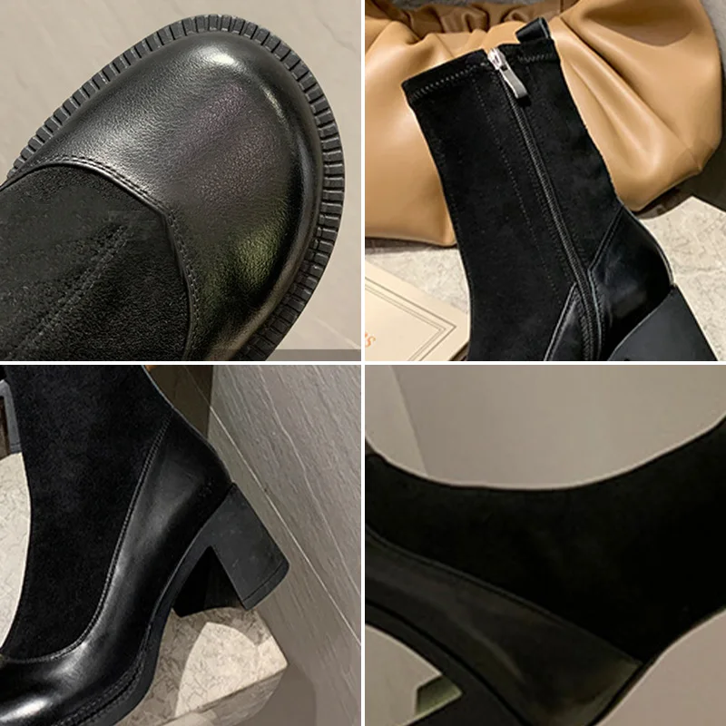 

Women PU Leather Boots Ladie Ankle Boots Female Round Toe High Heels Short Boot Platform Fashion Sock Shoes Comfortable Popest