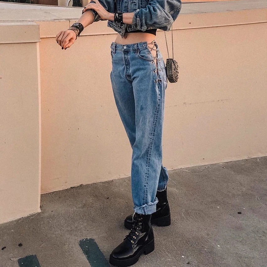 

INS Chains Lace Up High Waist Woman Jeans Casual Straight Denim Pants High Street Blue Skinny Long Trousers Korean Pocket Jeans