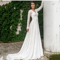 simple elegant v neck wedding dress 2021 long sleeve zipper lace applique a line sweep train for women custom made bridal gown