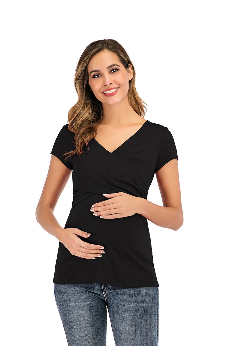 

Popular T-shirt Summer Short-Sleeved Maternity Dress Deep V-neck Cotton Solid Color Cross Nursing Wear Ropa Plus Size Mujer