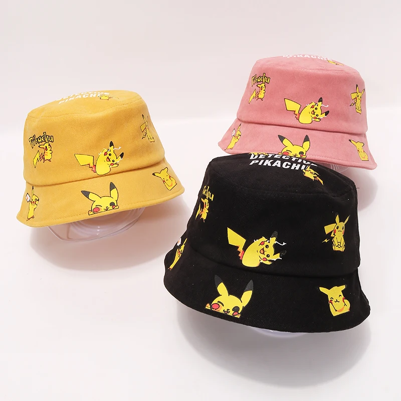 

Children's Fisherman Caps New Deerskin Velvet Cartoon Pikachu Baby Hats for Boys and Girls Flat Top Wide Brim Tide Basin Hats